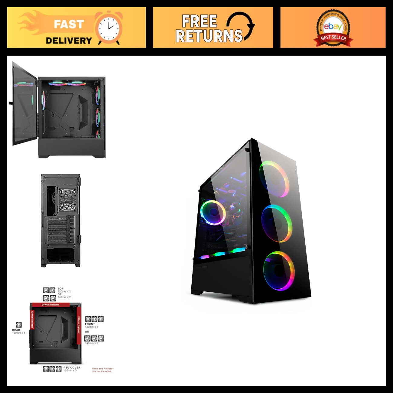 Tempered Glass Gaming PC Case, USB 3.0, E-ATX/ATX/mATX/ITX Compatible, Customiza