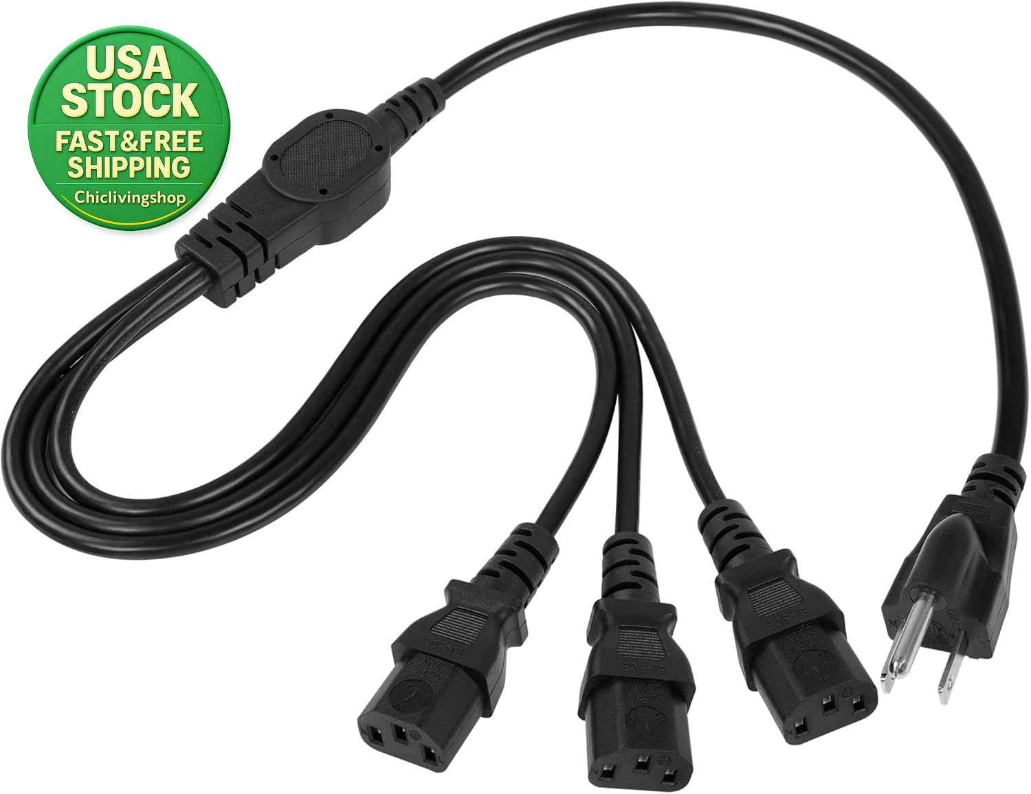 Computer Power Splitter Cord 18AWG NEMA 5-15P to 3 X IEC320 C13 10A 125V