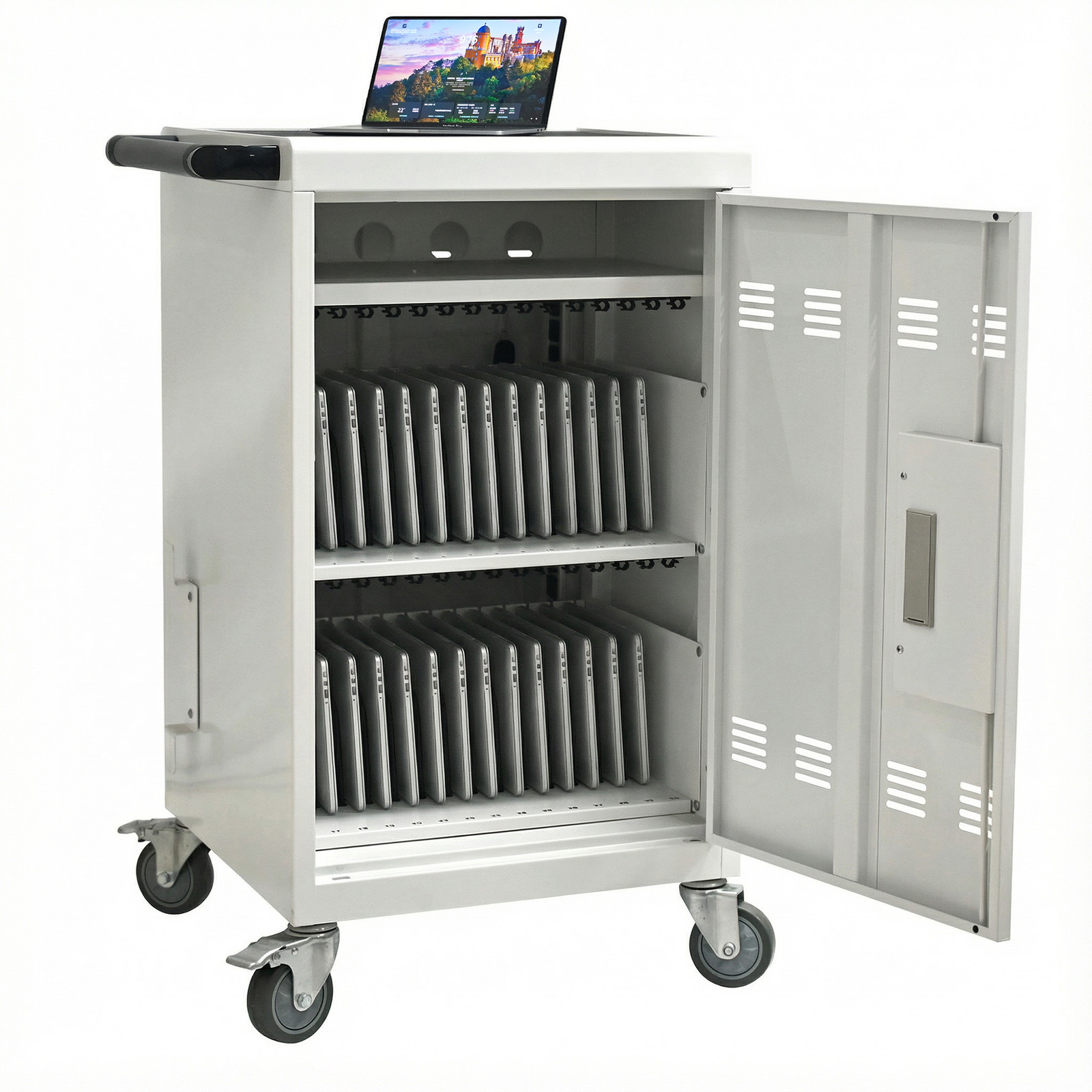 White 30-Device Mobile Charging Cart Cabinet Tablets Laptops