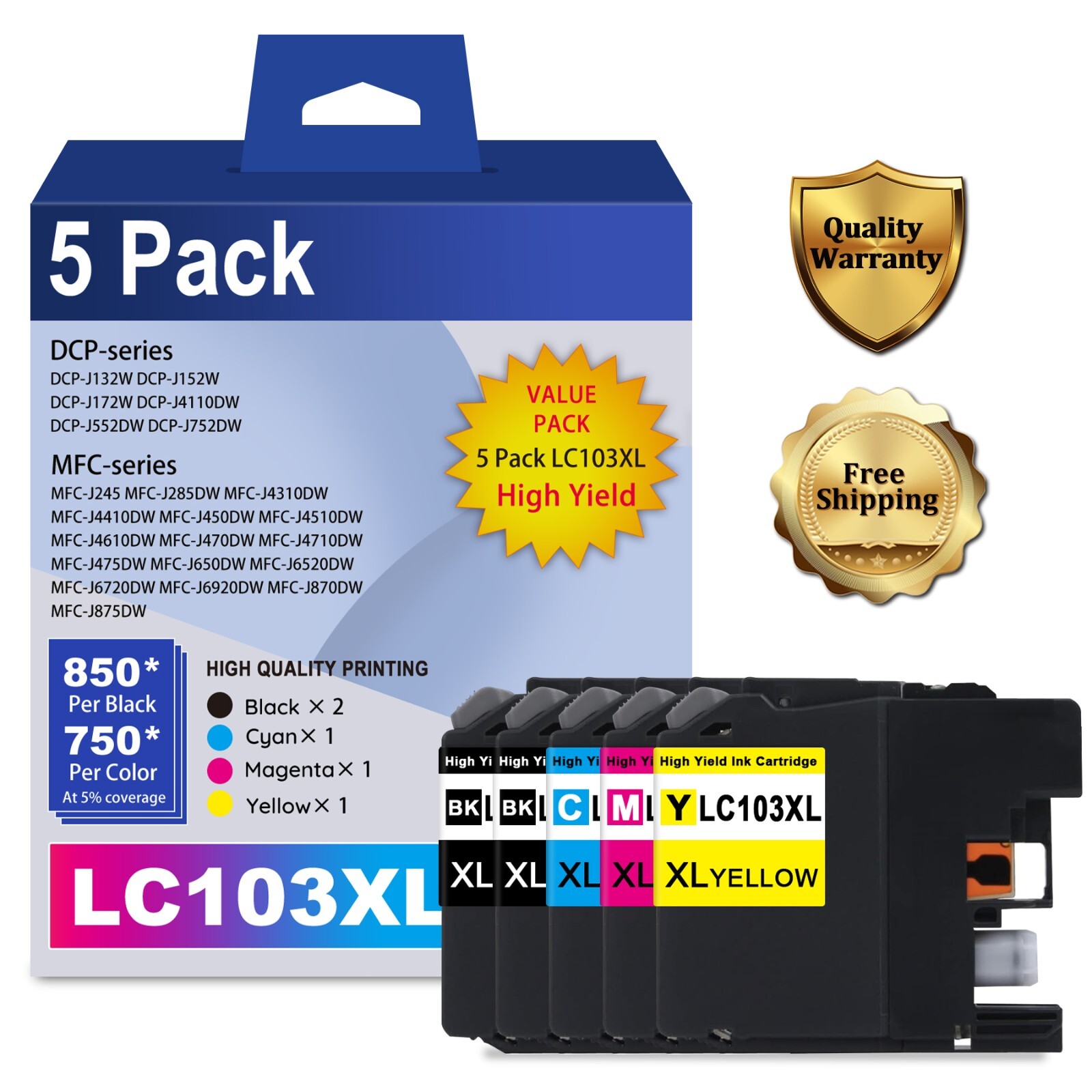 LC103XL 5PK Replacement Ink Cartridge DCP-J172W MFC-J285DW MFC-J4310DW MFCJ450DW