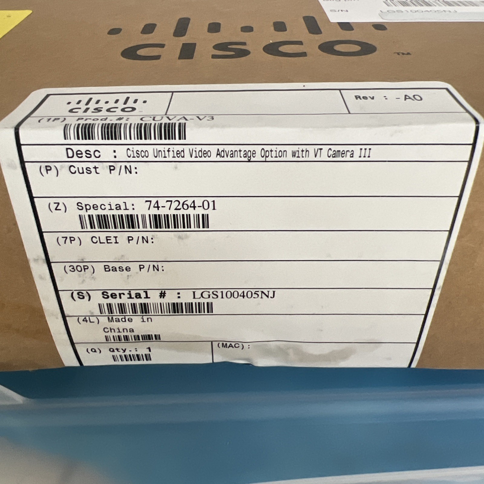 Cisco CUVA-V3 VT Camera III Logitech Unified Computer Webcam 74-7264-01 NEW