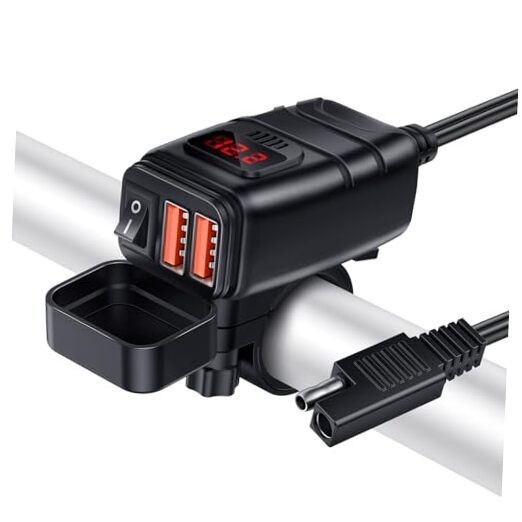 Motorcycle Phone Charger - Quick Charge 3.0 6.8A Dual Port Red Voltmeter - Red
