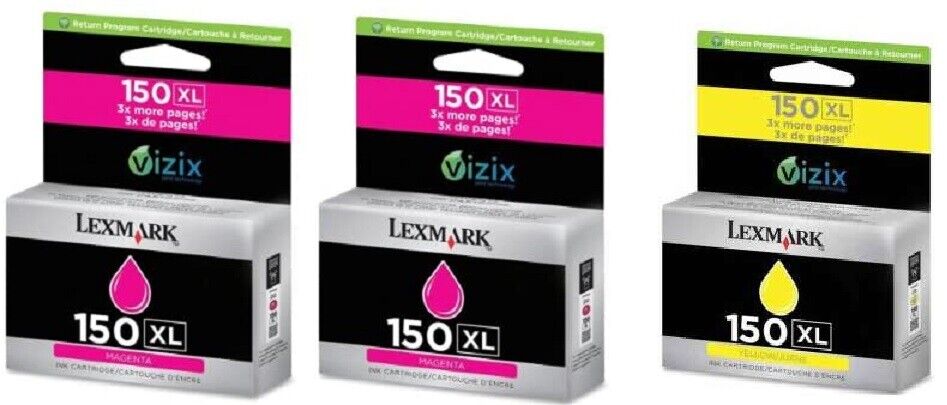 3 Genuine Sealed Bag Lexmark 150XL Yellow and Magenta Inkjet Cartridges NO BOX