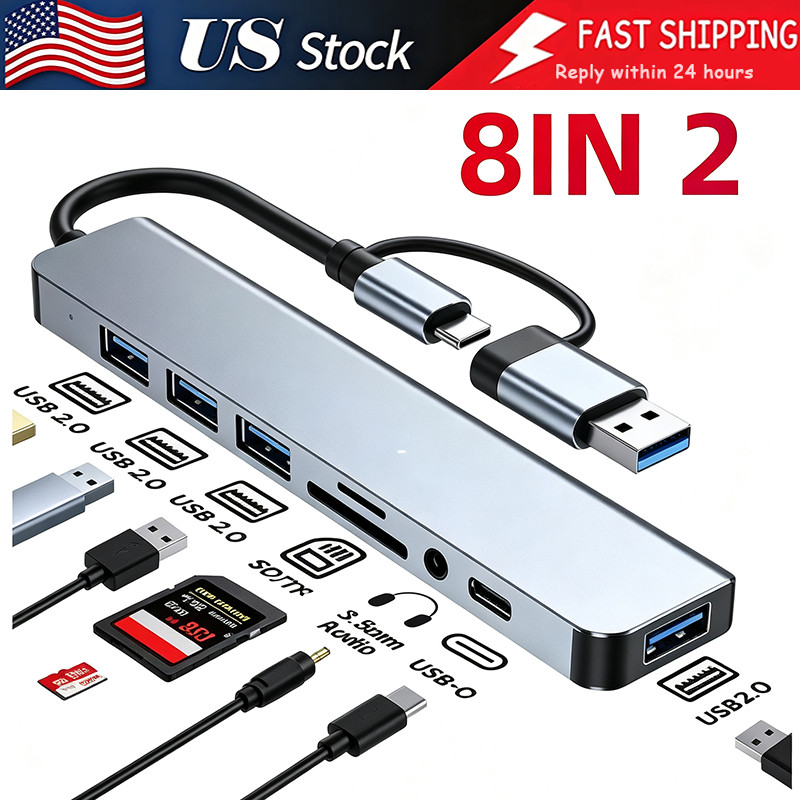 8 Port USB-C Hub Adapter - 5G Speed Multi Splitter for PC, Laptop & MacBook LOT
