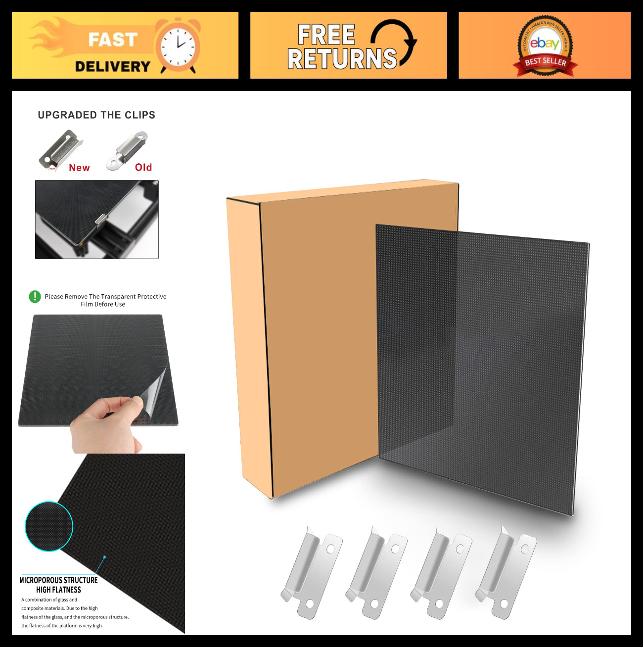 Upgraded 3D Printer Tempered Glass Build Plate 310x310mm with Clips - Print Bed