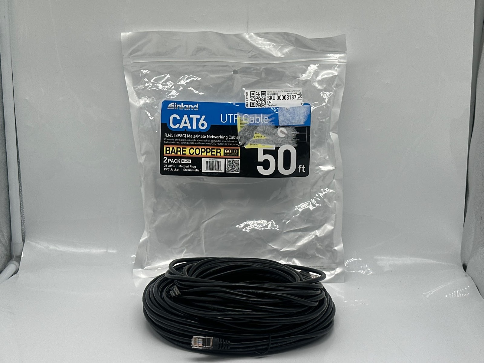 Inland 50 Ft. CAT 6 Stranded UTP, Bare Copper Cables 2-Pack - Black