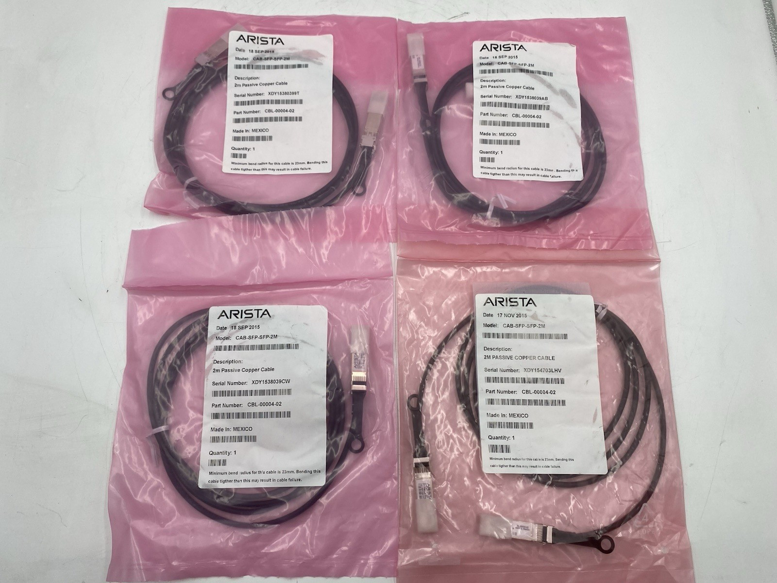 Lot of 4 Arista CAB-SFP-SFP-2M 10G SFP+ Passive Copper Cable 2M CBL-00004-02