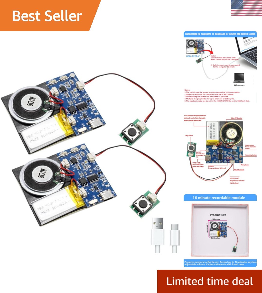 Module - 16MB Push Button Activated Sound Module with Speaker, Type-C Cable, ...
