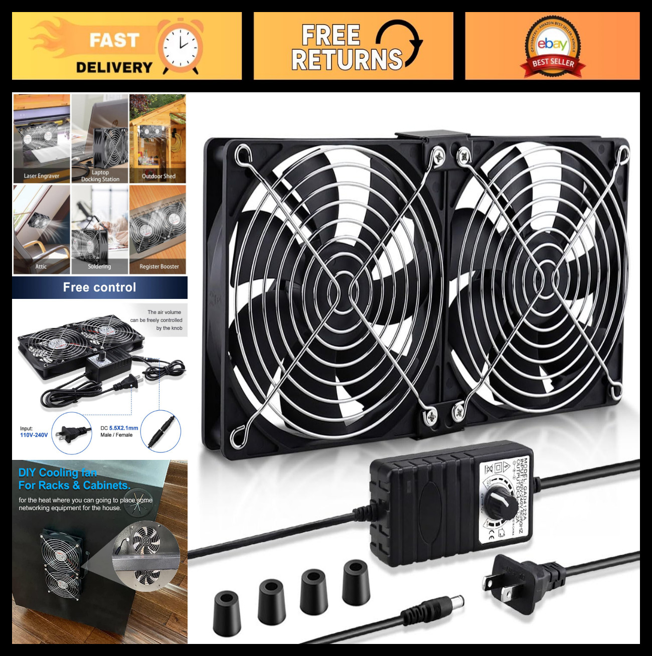 2 x 120mm 240mm AC Plug Computer Fans | High Airflow Cooling with Speed Control