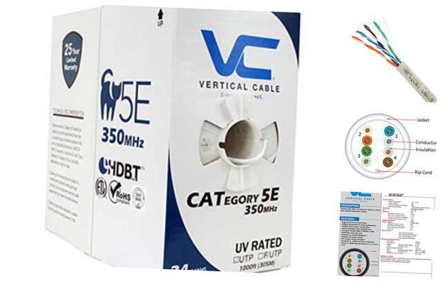 Vertical Cable Cat5e, 350 Mhz, UTP, UV Jacket, Outdoor, CMX, 1000ft, Bulk white
