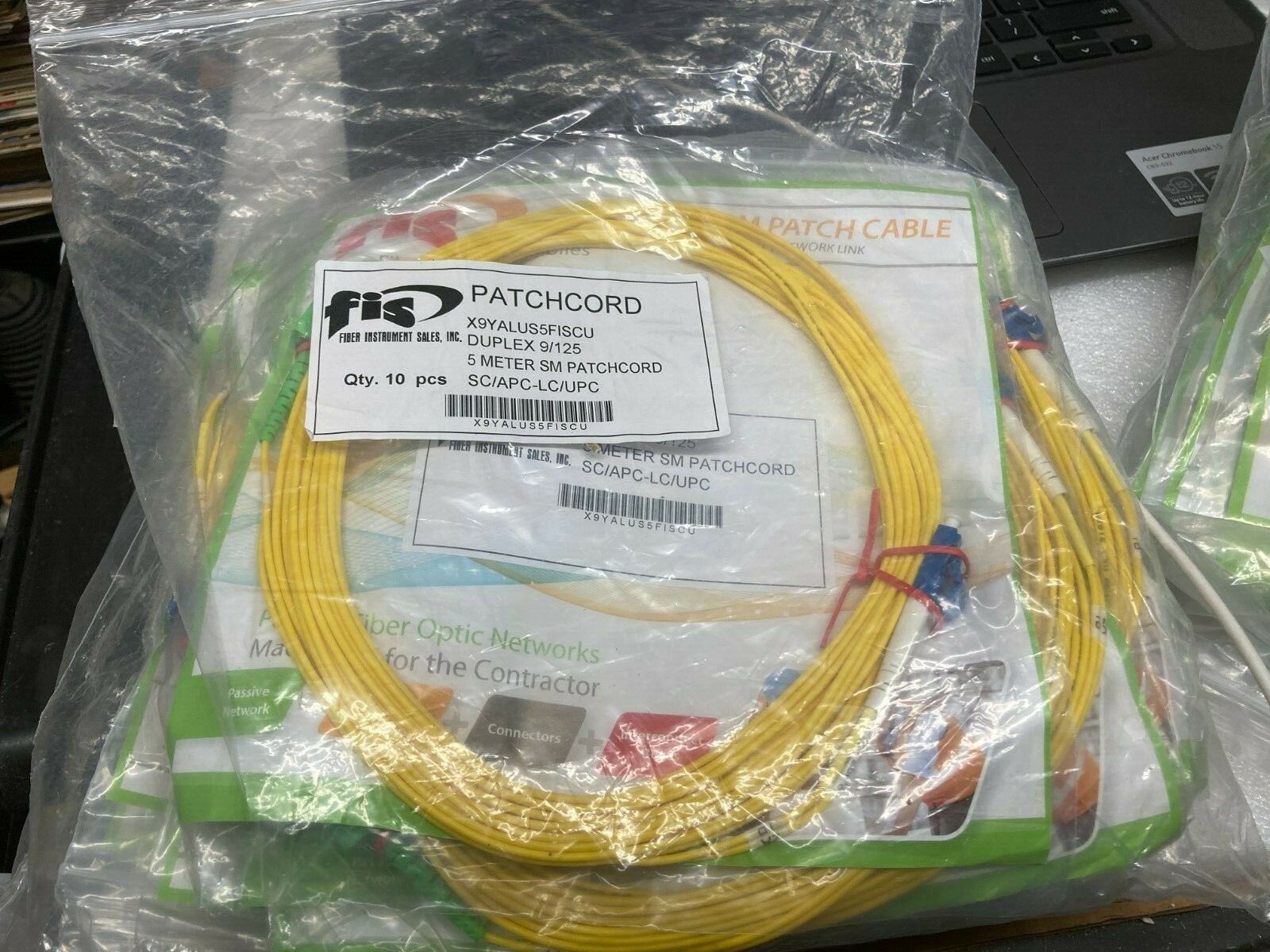 (10) FIS 9/125 Singlemode Fiber Optic Patchcord Duplex 5M SM SC/APC–LC/UPC New 