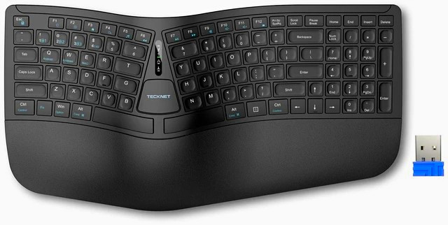 TECKNET Ergonomic Split Wireless Bluetooth/USB Keyboard Wrist Rest Multi-Device