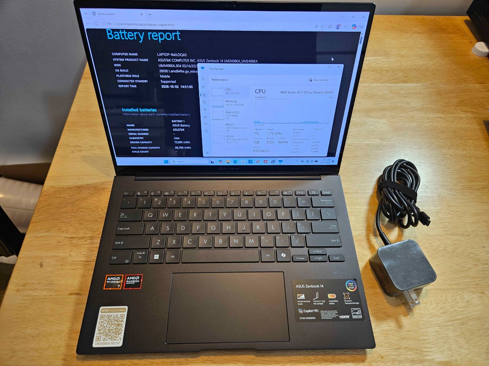 ASUS Zenbook 14 OLED 14" Touchscreen Ryzen AI 7 350 32GB 1TB SSD UM3406KA-WS79T