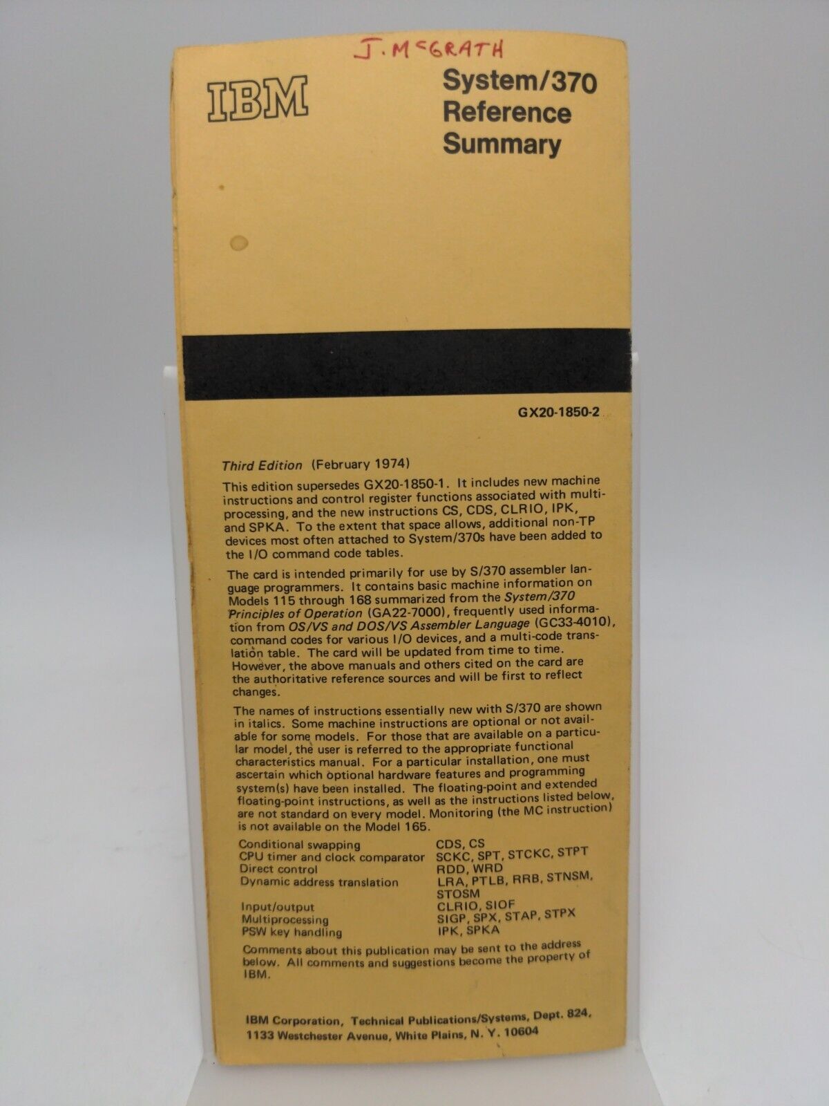 IBM System 370 Reference Summary Card 1974 Vintage System/370