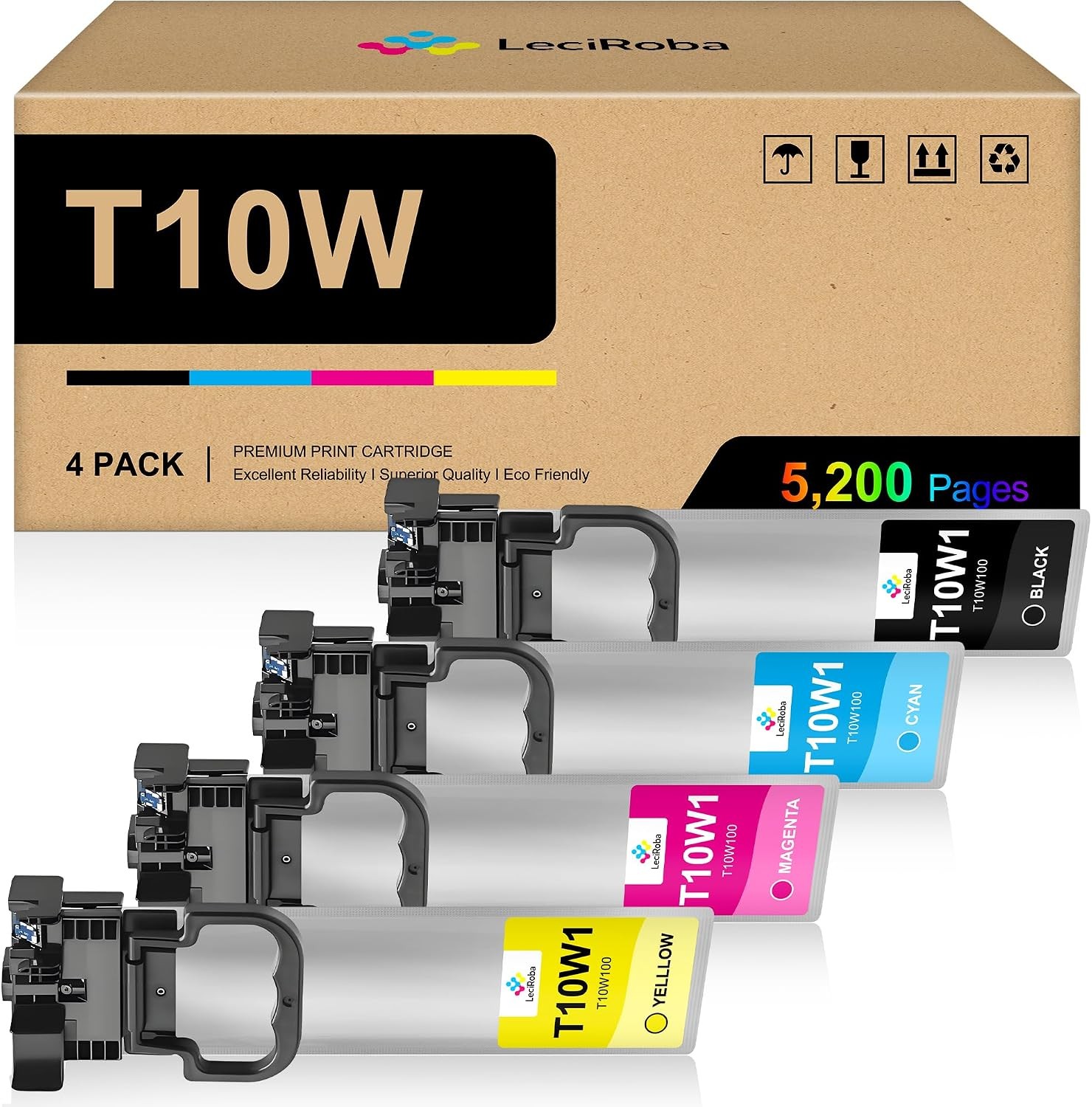 T10W Ink Cartridge 4-Pack High Yield for Epson WF-C5390 WF-C5890 B/C/Y/M