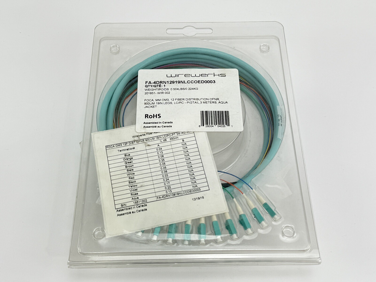 Wirewerks FA-4DRN12919NLCCOED0003 FOCA MM OM3 12 FIBER DISTRIBUTION OFNR 3M