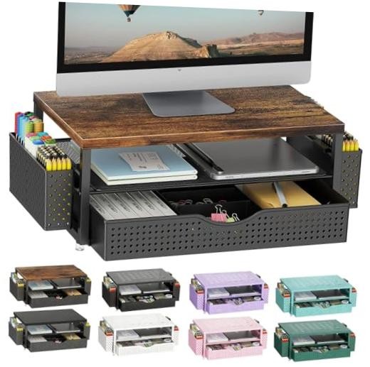 Desk Organizers and Accessories, Monitor Stand with Drawer and 2 Pen Wood