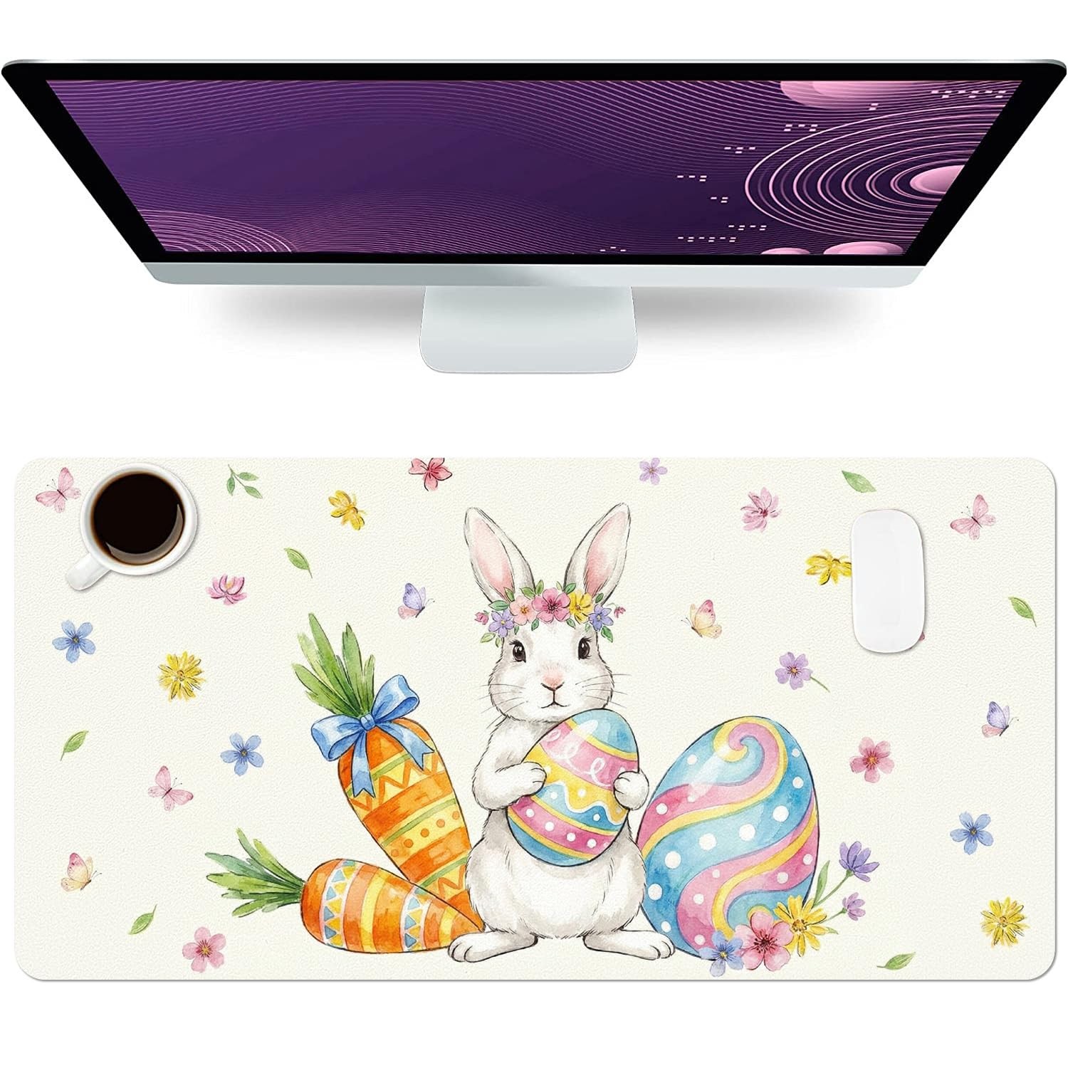 Easter Bunny Carrot Large Mouse Pad PU Leather Waterproof 23.6x11.8 Inch