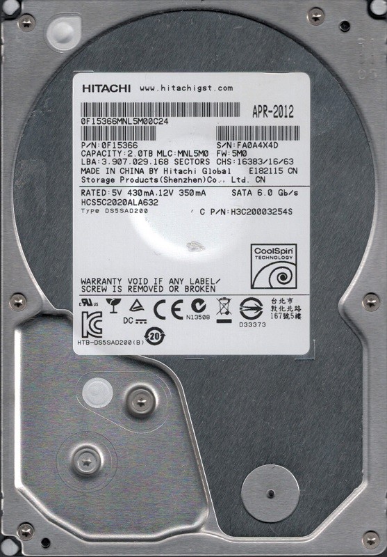 Hitachi HCS5C2020ALA632 P/N: 0F15366 MLC: MNL5M0 China 2TB