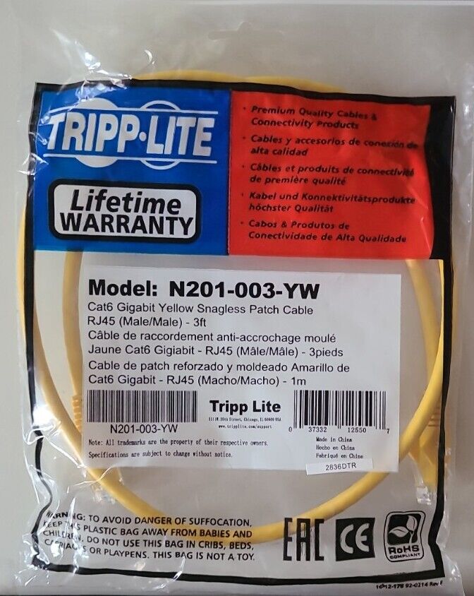 Tripp Lite 3FT RJ45 Male Cat6 Gigabit Snagless Molded Patch Cable - Yellow