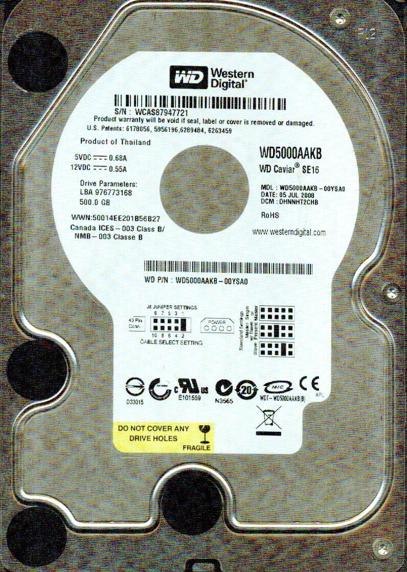 WD5000AAKB-00YSA0, DHNNHT2CHB,  WESTERN DIGITAL SATA 500GB WCAS JUL 2008