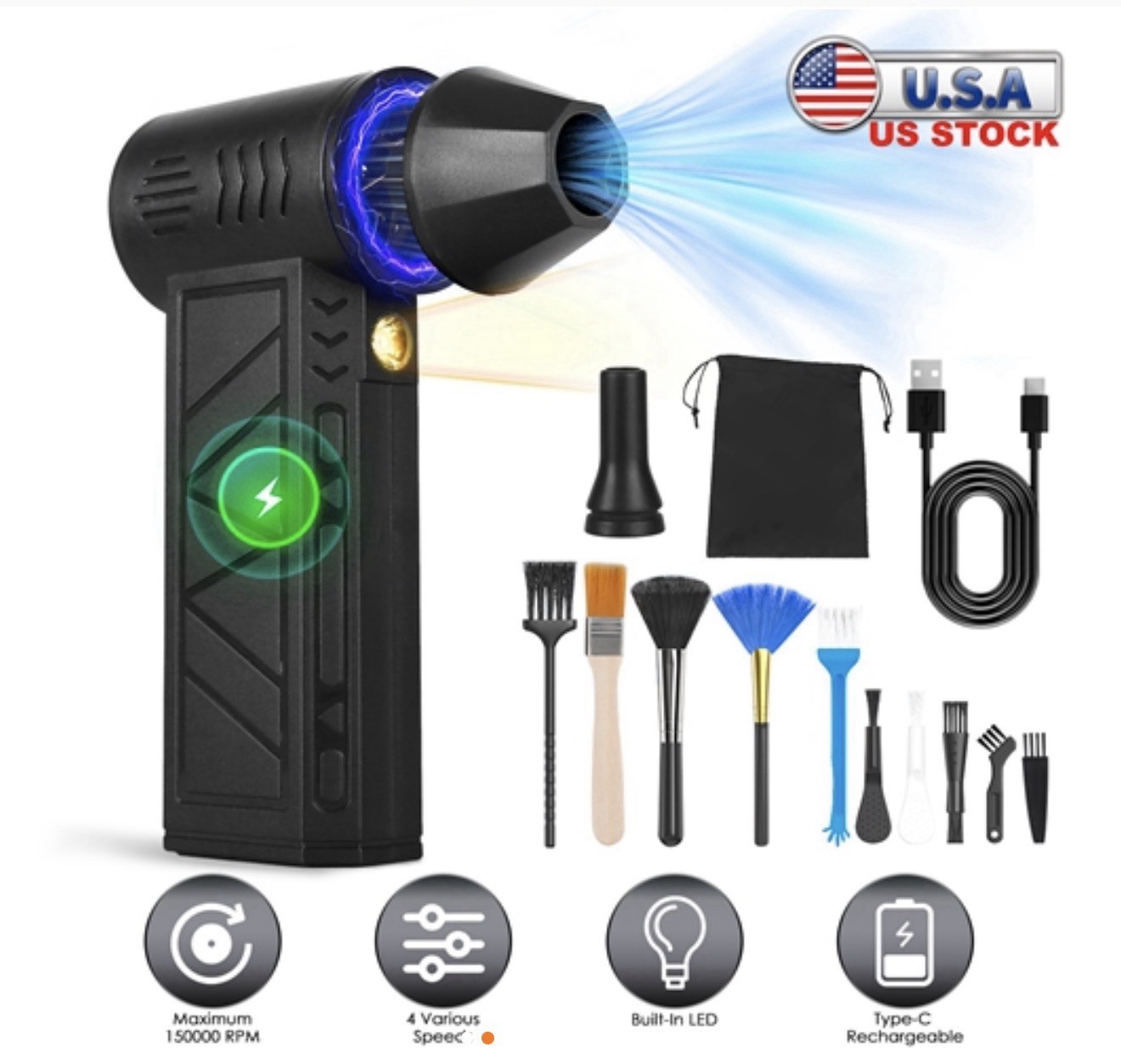 Powerful Electric Air Duster 150,000 RPM Cordless Compressed Blower & 4 Speeds