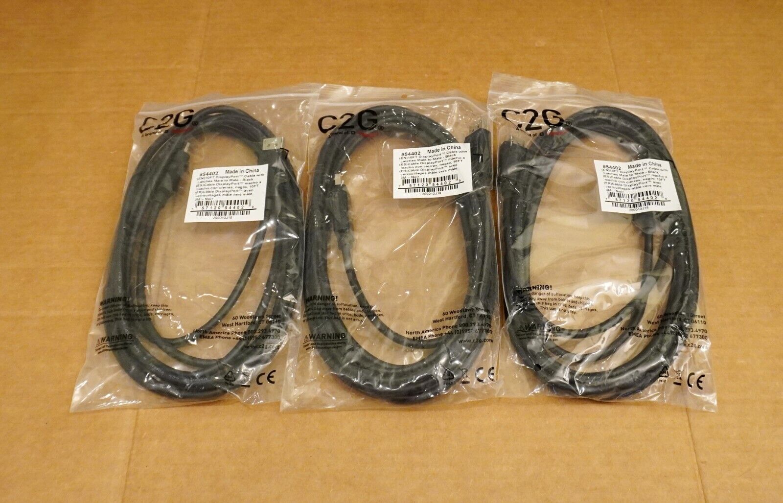 3X Lot C2G 10Ft 3M 4K 8K UHD 7680x4320 30V DisplayPort DP Male M/M Cable Latches