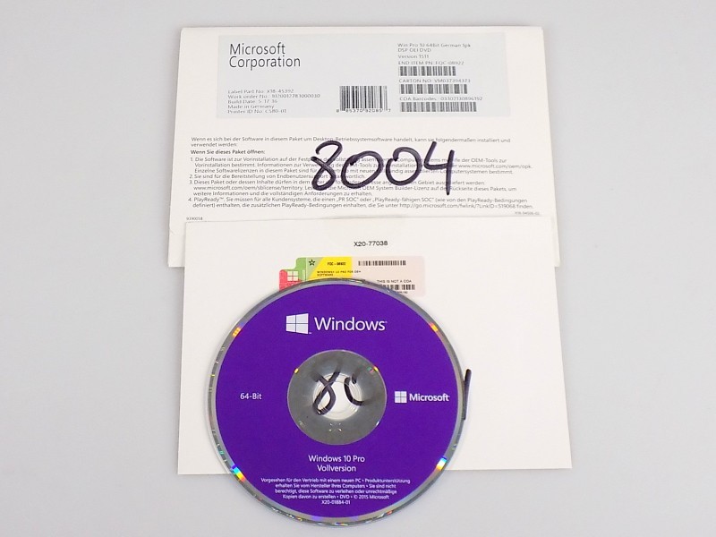 Microsoft Windows Professional 10 64bit German 1pk DSP OEI DVD FQC-08922 with Keys