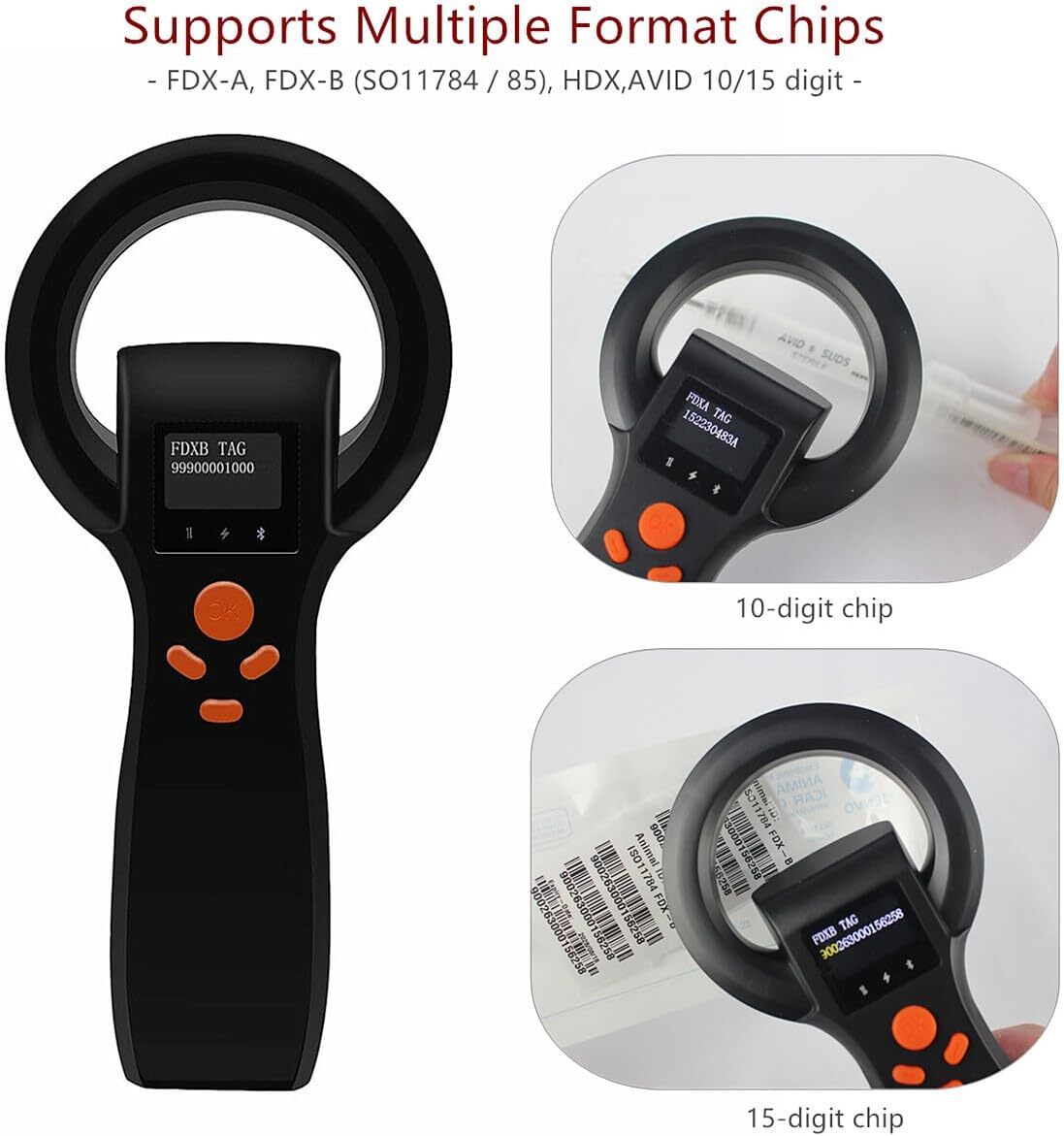 Animal Pet Microchip Scanner Supports FDX-B FDX-A HDX labels w/ ISO 11784/11785