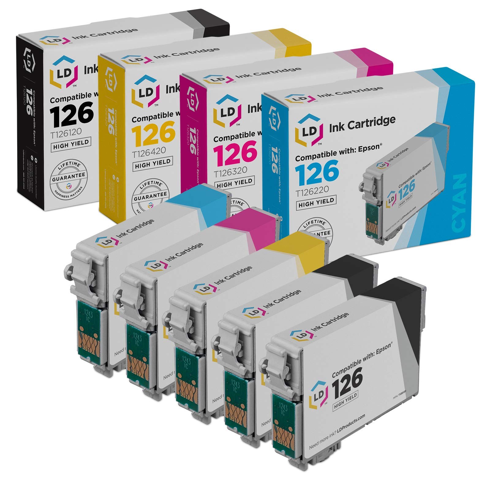 LD Reman Ink Cartridge for Epson T126 126 5 Set: T126120 T126220 T126320 T126420