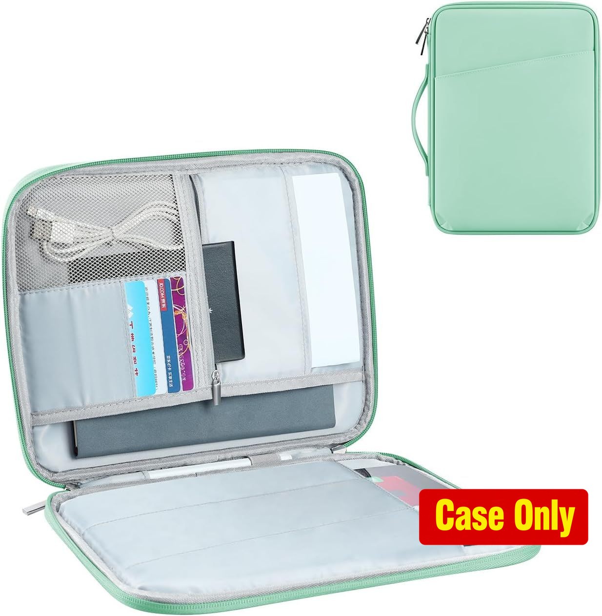 11 Inch iPad Sleeve Case, Samsung Galaxy Tab, Accessory Pockets, PU Mint Green