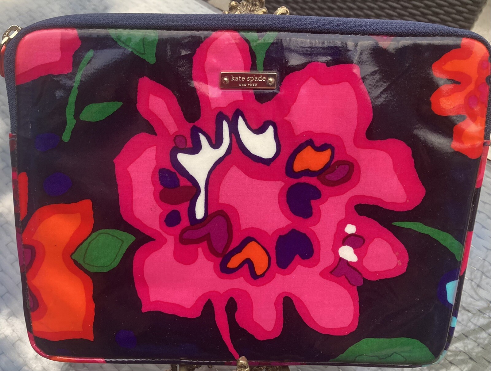 Kate Spade IPad Sleeve Pouch Navy/Pink Floral Zip Top