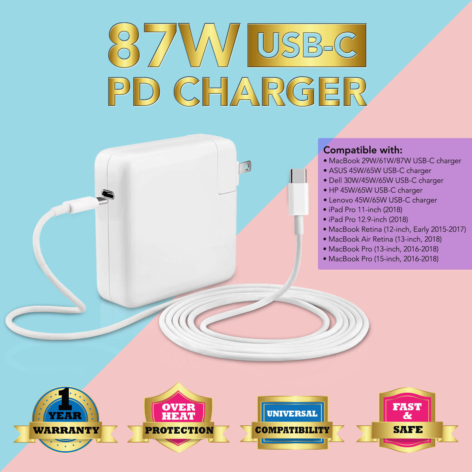 87W 96W USB C Cable Charger Power Adapter MacBook Pro 13 15 16"