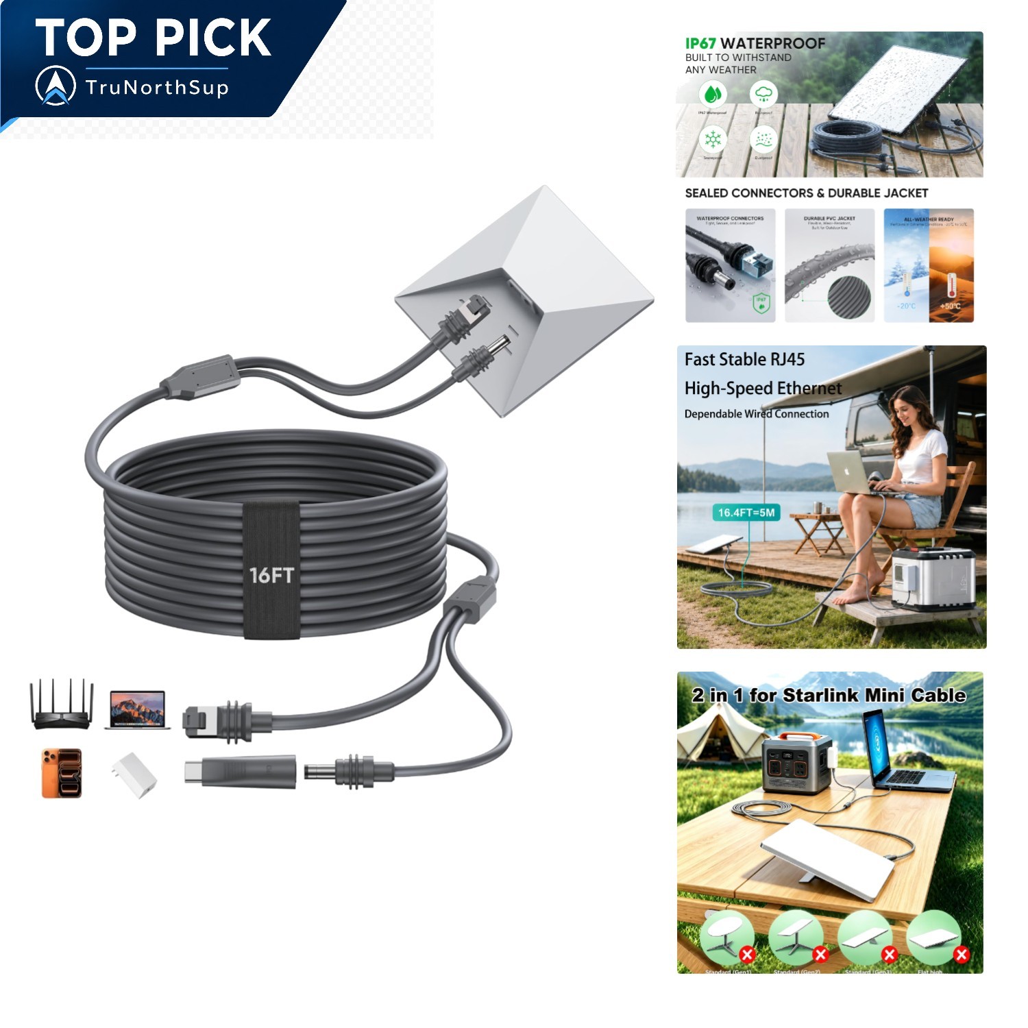 Starlink Mini Ethernet & Power Cable 16.4ft Waterproof 2-in-1 for RV Boat Out...