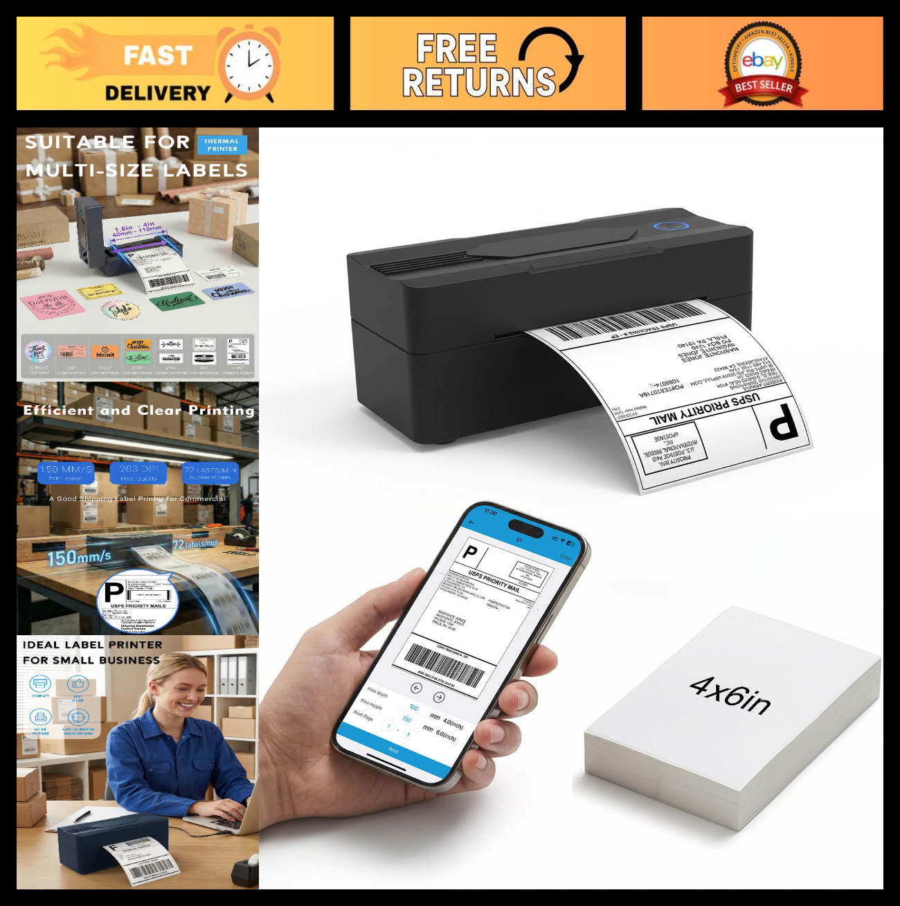 Bluetooth 4x6 Thermal Shipping Label Printer - Wireless, Compact, Fast Printing