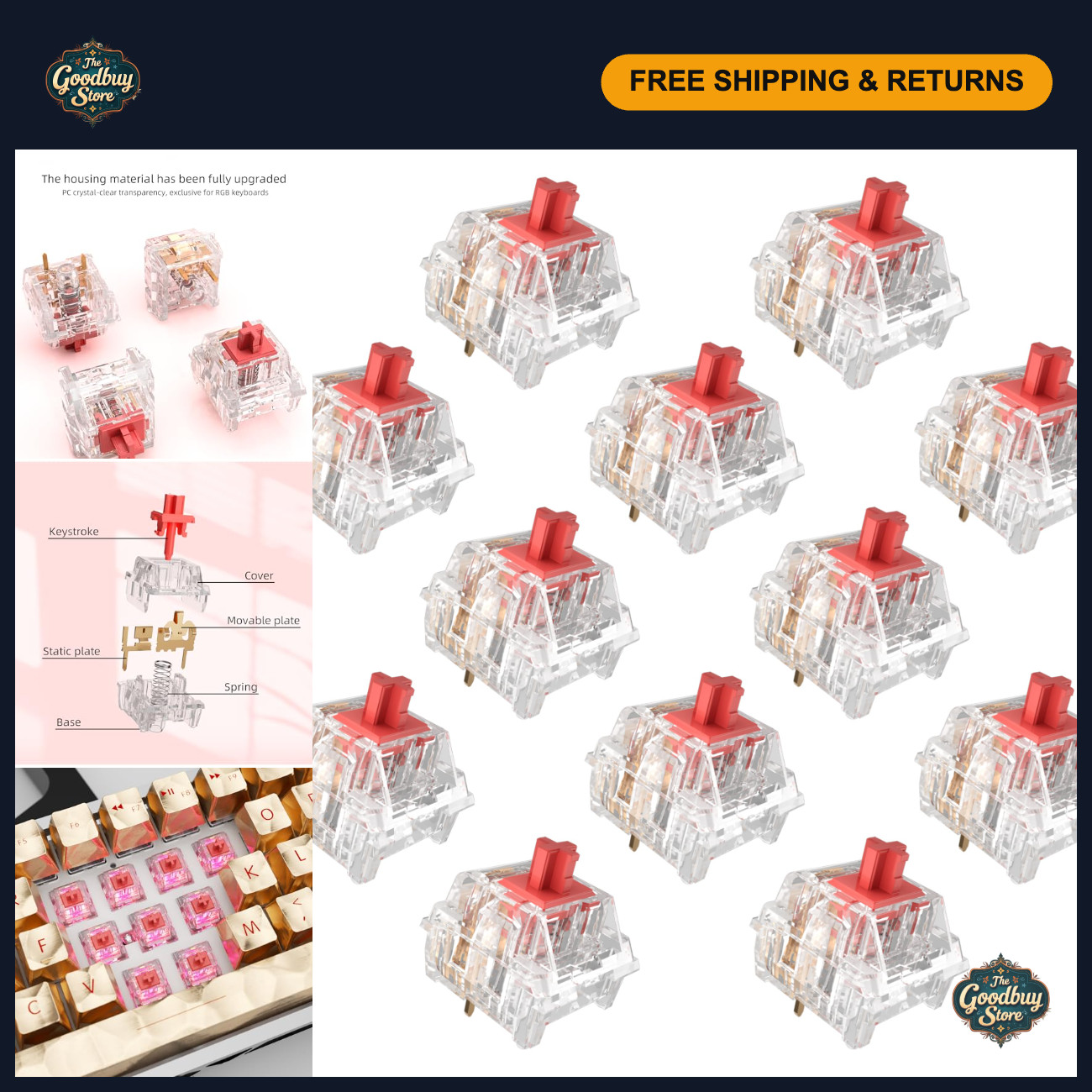 90 Pcs Burgundy Crystal Mechanical Keyboard Switches Kit - Linear Type, Smooth A