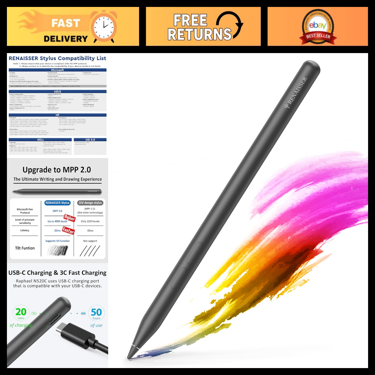 Surface Pen for Tablets - Precision Stylus for Drawing & Writing, Ergonomic Desi