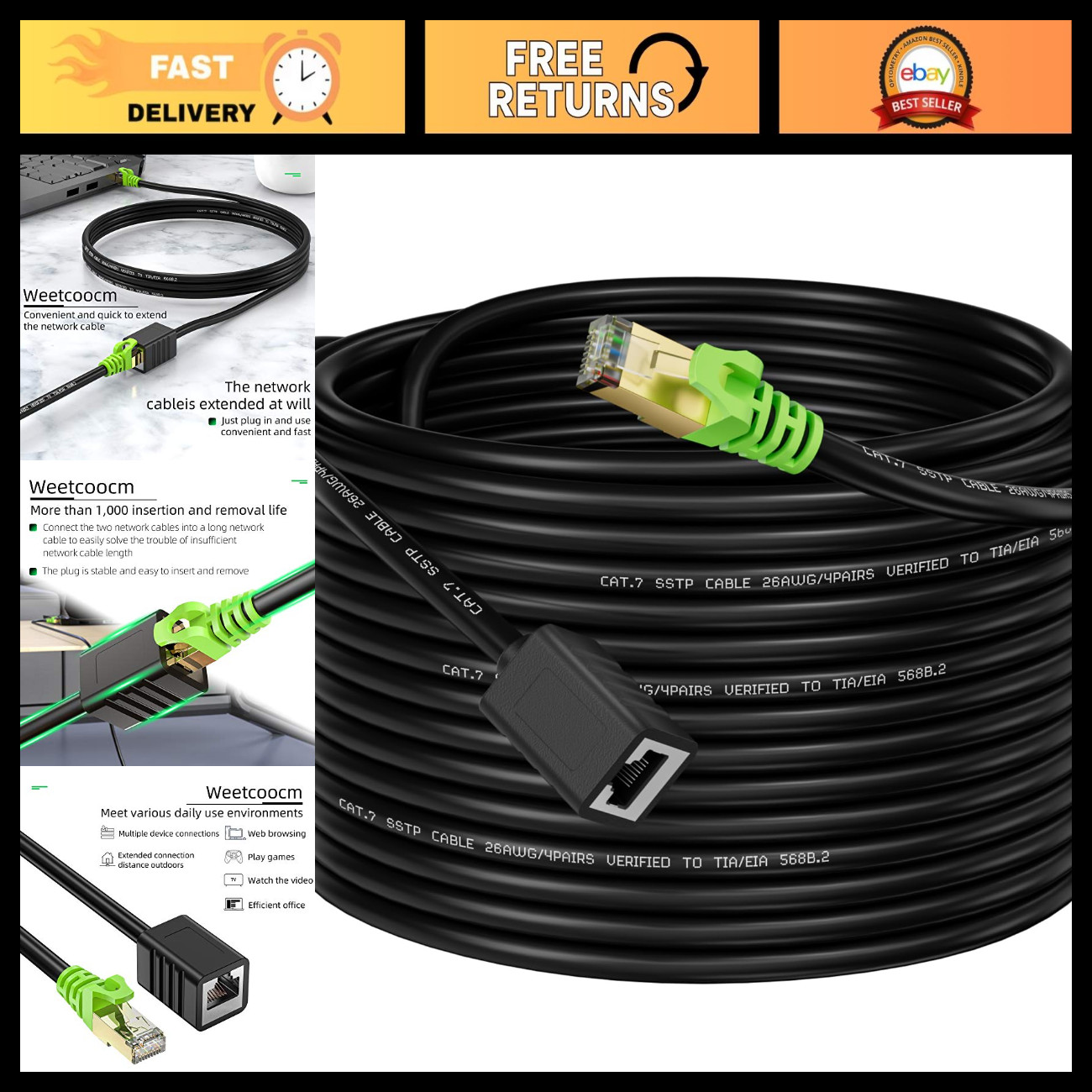 25FT Ethernet Extension Cable, Cat6a Network Patch Cord, RJ45 Shielded Male to F