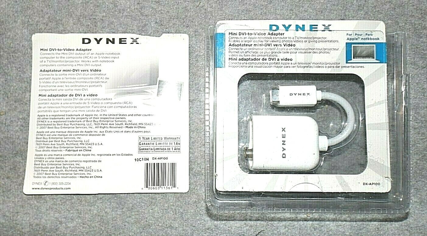 Mini DVI to VGA Adapter Dynex DX-AP100 UPC Apple Notebook to RCA/S Video Input