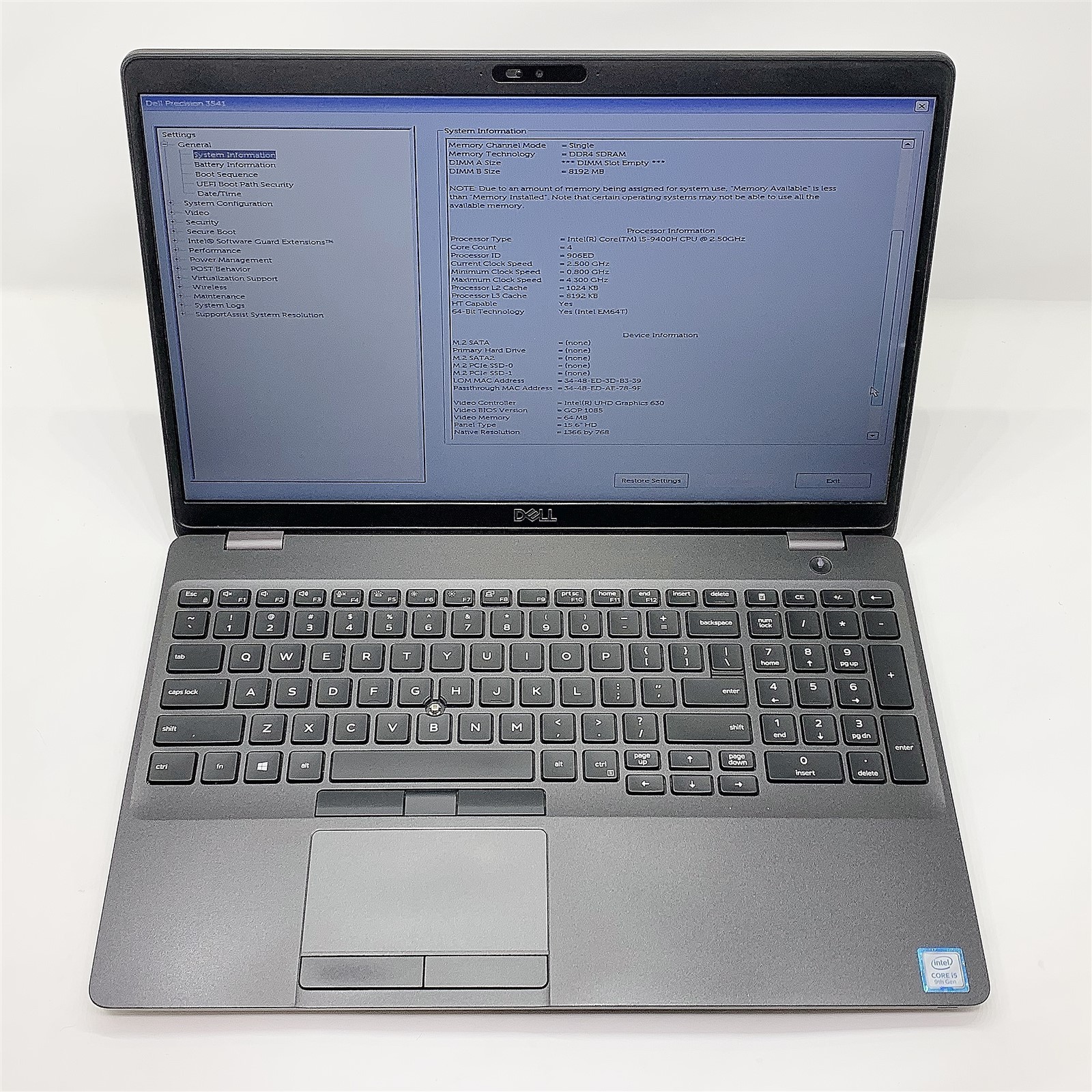 Dell Precision 3541 Laptop Intel Core i5 9400H 2.50GHZ 15.6" HD 8GB RAM NO HDD