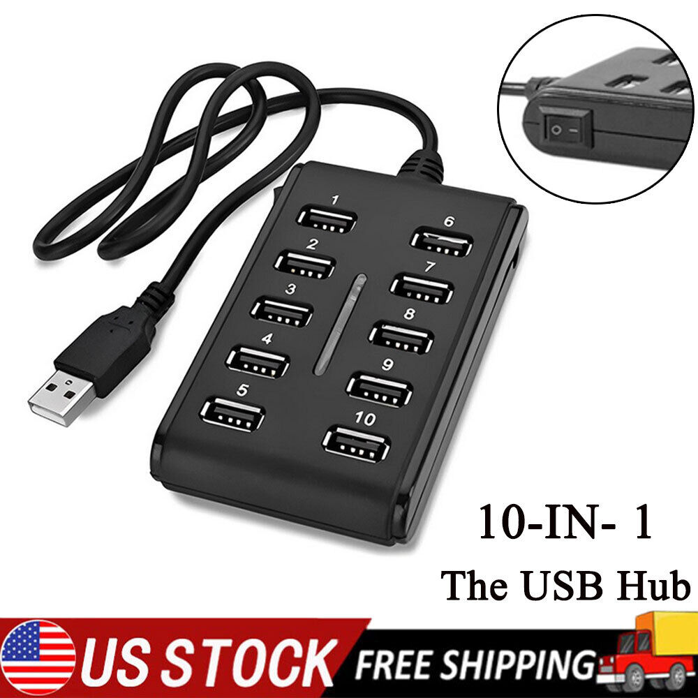 10-Port USB 2.0 Hub Multiplier With Individual Power Switches Laptop PC 480Mbps