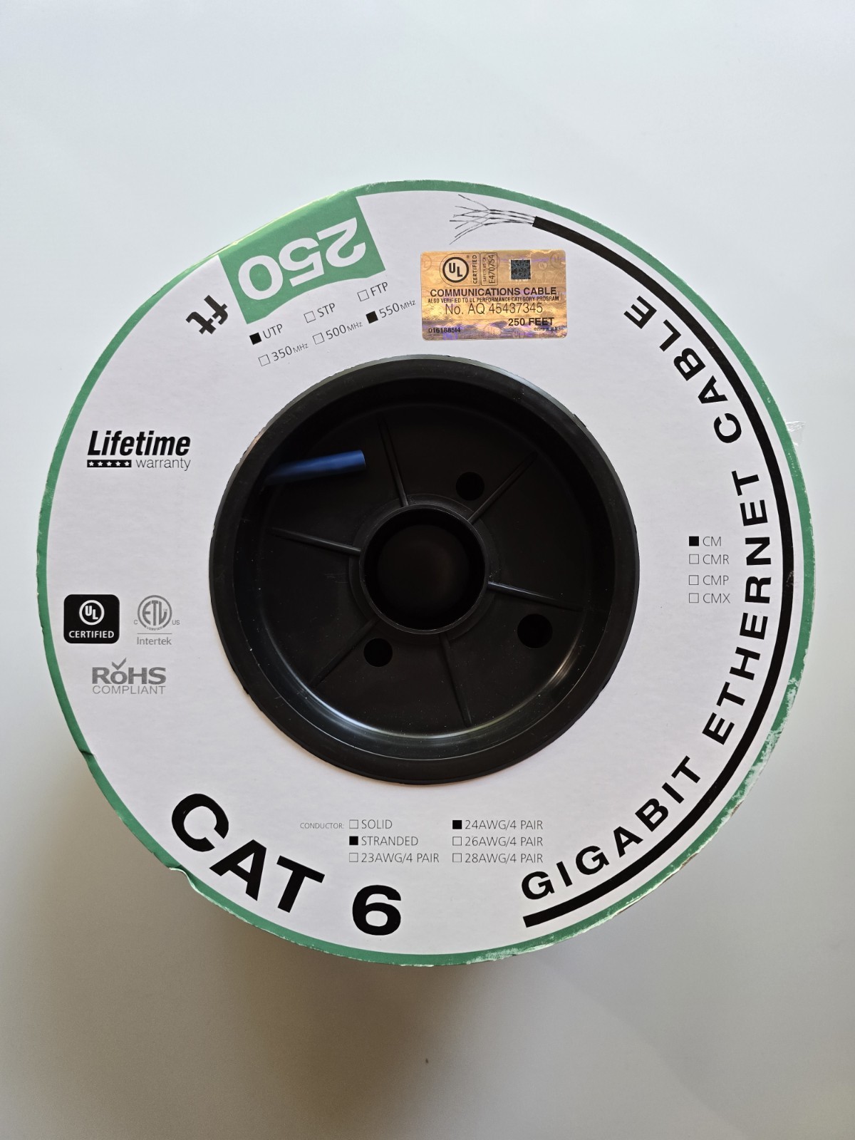 Monoprice Cat6 Ethernet Bulk Cable 250ft Blue Stranded 24AWG UTP 550MHz CM