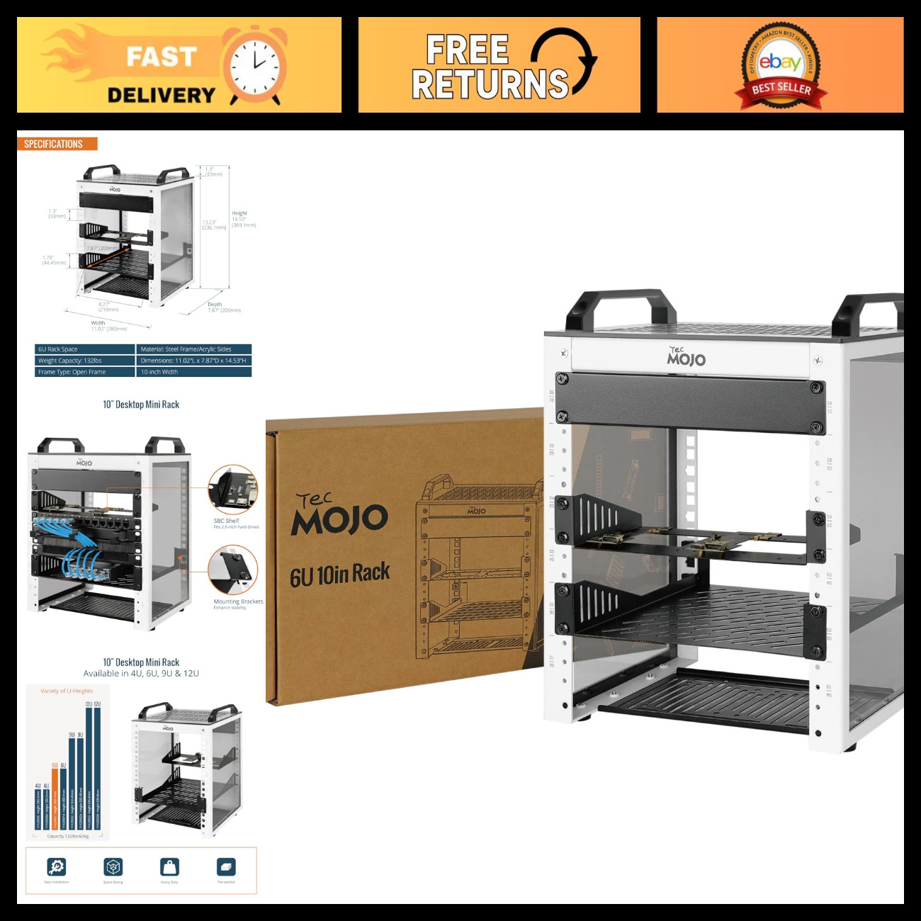 10" Mini Server Rack 6U, 7.87" Deep for 10" Devices, Compact White Storage Solut