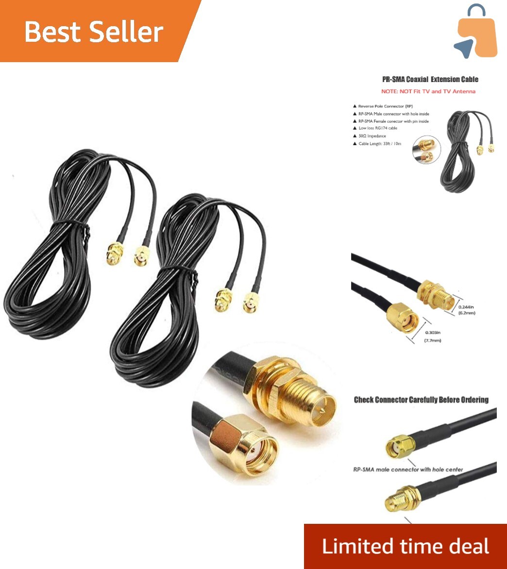 2-Pack 33ft WiFi Antenna Extension Cable RP-SMA - Enhance Your Network