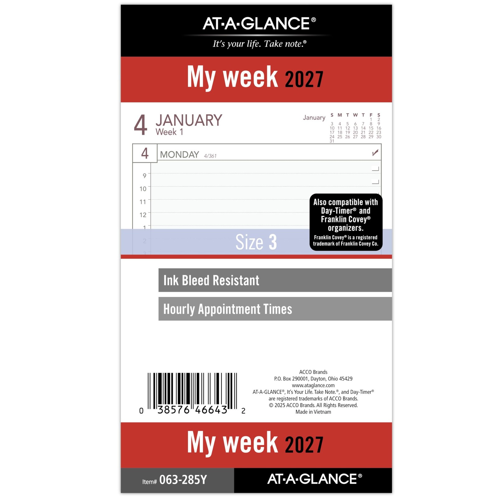 Planner Refill Weekly 3.75 x 6.75 Portable 6 Ring Loose Leaf 063-285Y 2027 Size