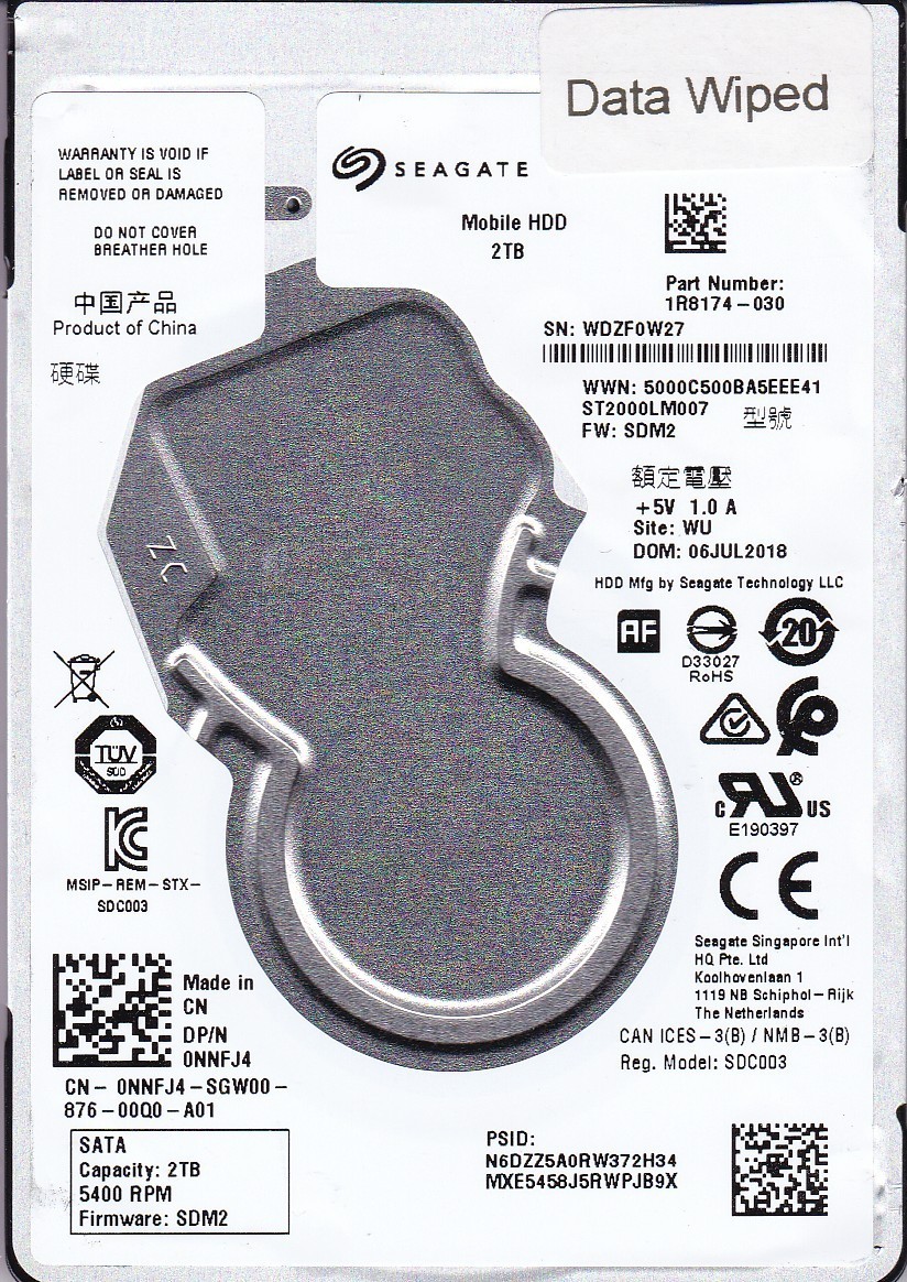 ST2000LM007 pn: 1R8174-030 fw: SDM2 sn: WDZF WU  JUL/2018 2TB SATA 2.5" Seagate