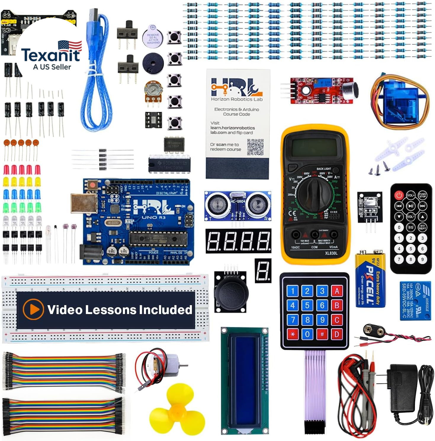 Horizon Uno Electronics Starter Kit with Video Lessons – Arduino-Compatible Boar