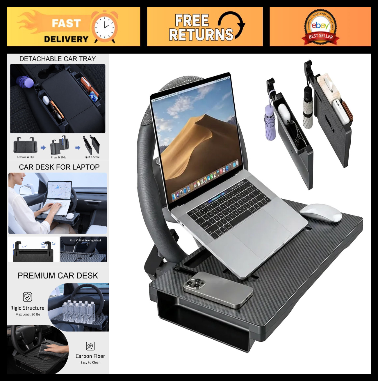 Adjustable 2-in-1 Car Steering Wheel Tray for Laptop & Eating, Carbon Fiber Fini