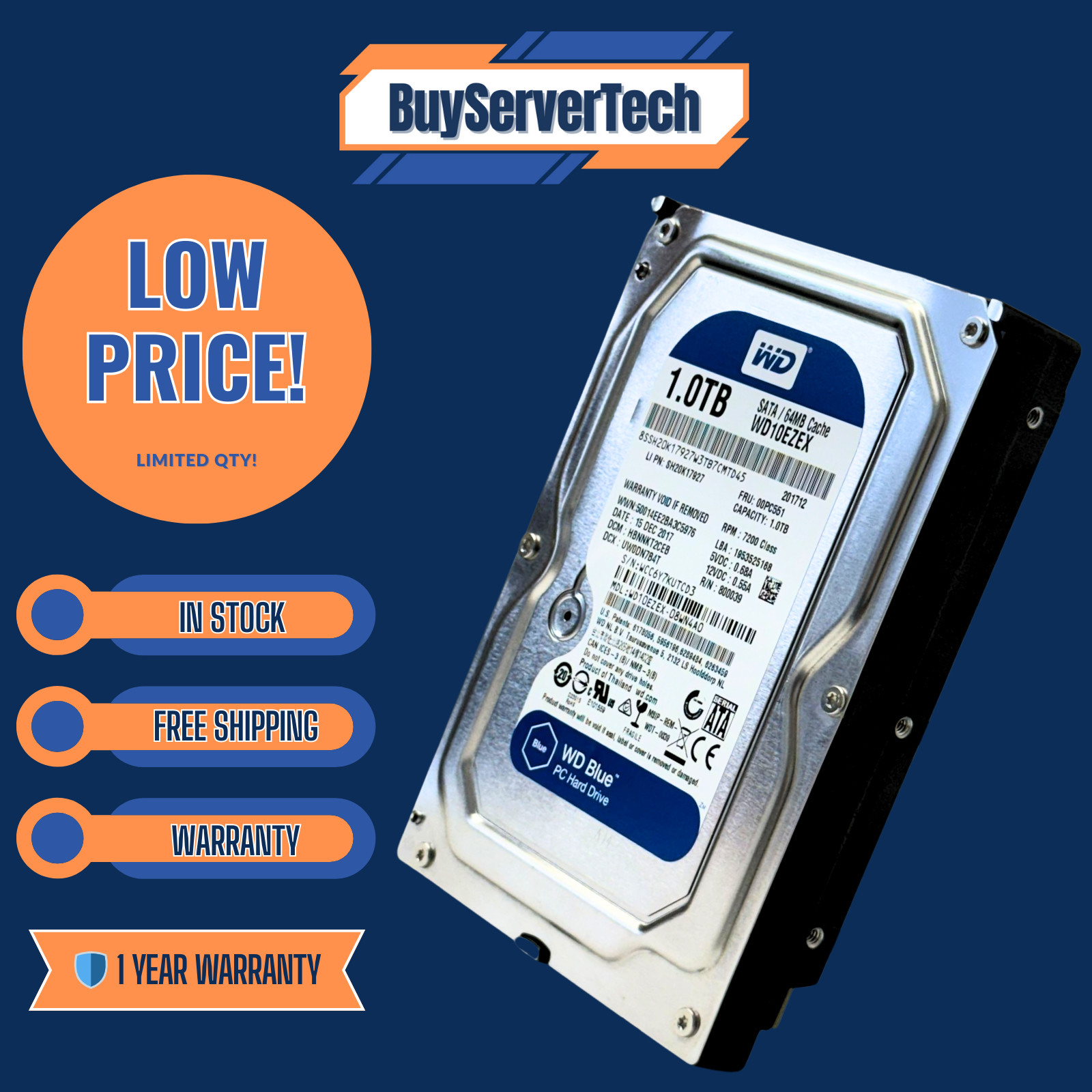Western Digital WD10EZEX 1TB 7200RPM SATA 6Gb/s 64MB 3.5" HDD | Windows HD | 1YR