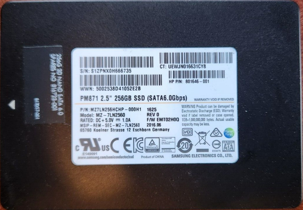 MZ-7LN2560 - Samsung PM871 Series 256GB TLC SATA 6Gbps SSD, HP P/N: 816723-001